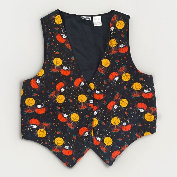 Vintage Halloween Vest Women's L Basic Editions Pumpkins Cats Fall Orange Black - Picture 1 of 4
